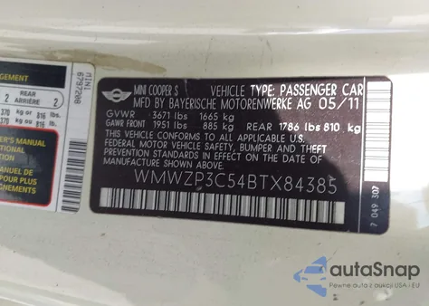 2011 Mini Cooper S из США, поврежденный, VIN WMWZP3C54BTX84385